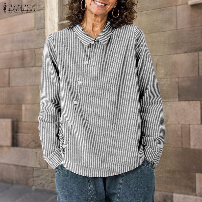 ZANZEA Womens Casual Long Sleeve Classic Stripe Blouse