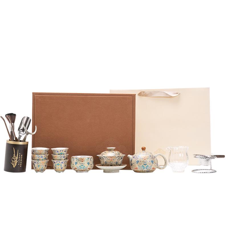 Dunhuang Silver-Inlaid High-End Retro Kung Fu Tea Set: Light Luxury Chinese-Style Tea Brewing and Drinking Gift Box
