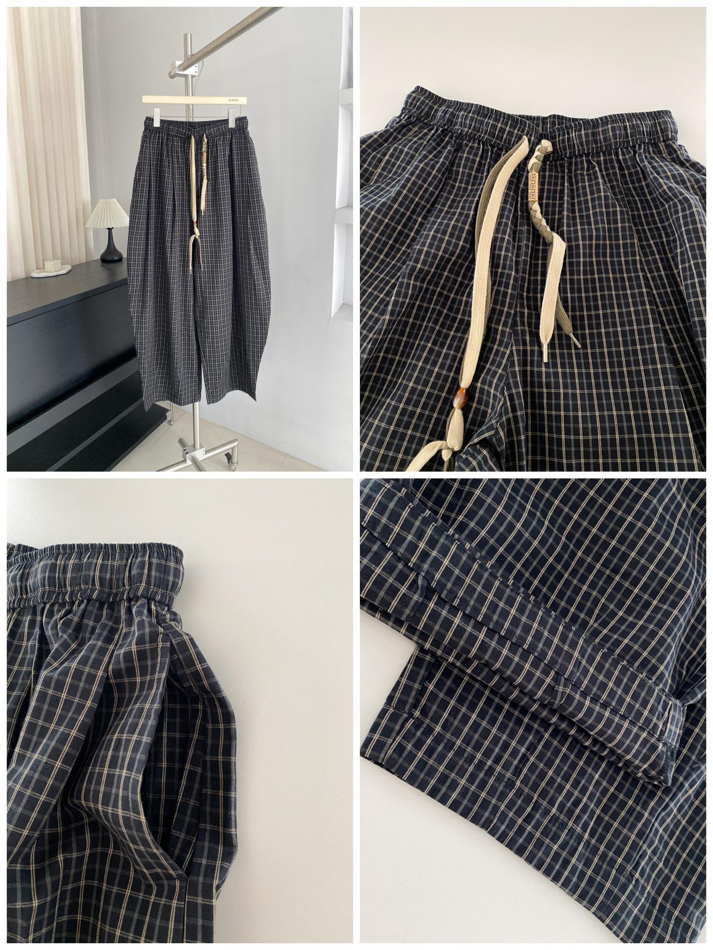 Women s Retro Plaid Wide-Leg Drawstring Pants M