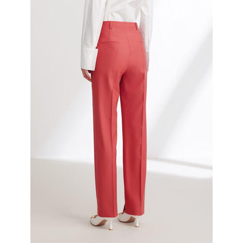 EP YAYING Women's Red 100% Wool High-Waist Straight-Leg Slit Trousers