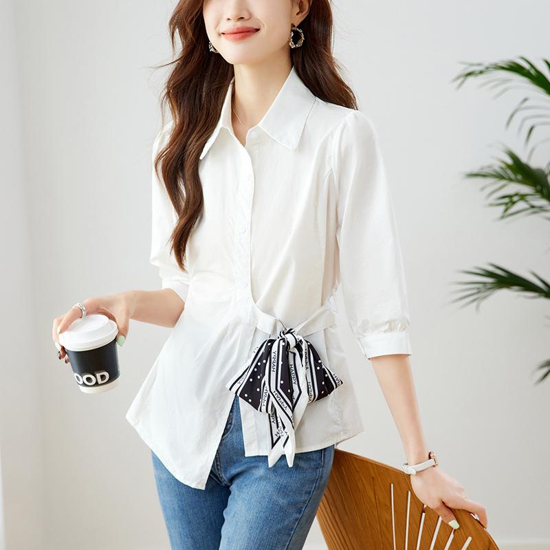 

White Shirt for Women s 7-quarter Sleeve Summer New Style Commuting Loose Large Size Asymmetric Slimming Shirt M білий