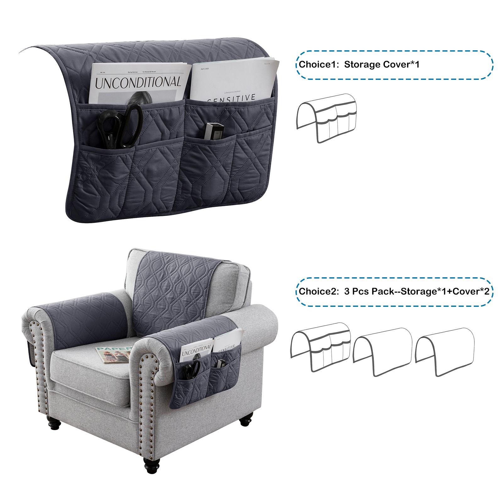 Housses d'accoudoirs de canapé matelassées 100% étanches Tapis pour animaux de compagnie Sac de rangement à poches Housses amovibles extensibles Protection d'accoudoir de meuble de canapé 3pcs One Set