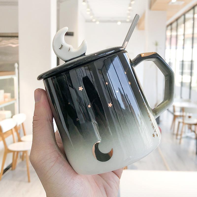 Light luxury painted gold ceramic mug,Korean style Black mugs,moon coffee cup creative mugs business office cup Drinkware 400ml