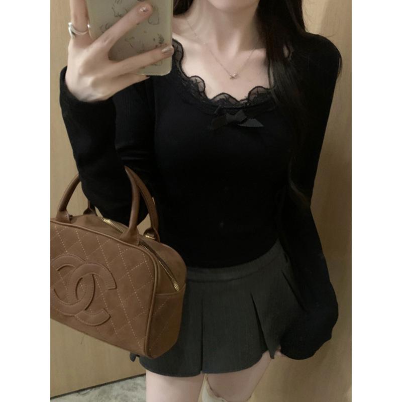 Women's Slim Fit Apricot Lace Low-Neck Long-Sleeve Top - Spring/Autumn Style