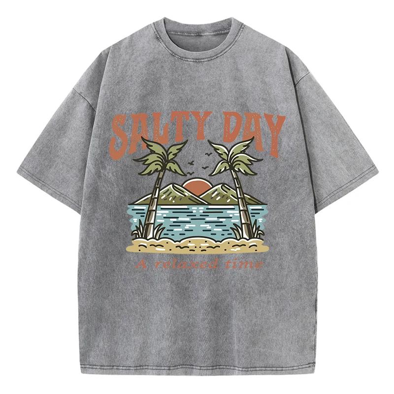 

Coconut Tree Beach Printed Washed TShirts Cotton Tops Comfortable Distressed ONeck T Shirts Summer Casual Man Clothes S
