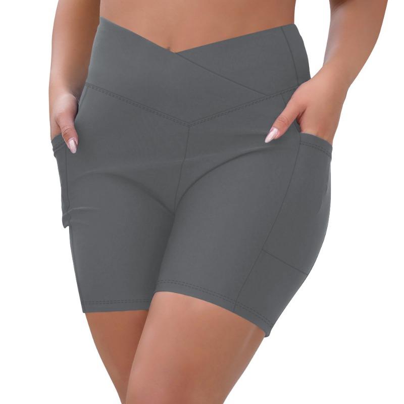 Women Plus Size Cross Waist Pockets Summer Knee Length Yoga Biker Shorts