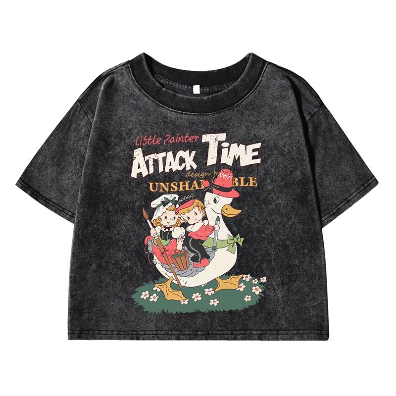 Original Cute Duck Retroprinting Female Washed Short T-Shirt Cool T Shirts Distress Hip Hop Clothes Breathable Soft Tops