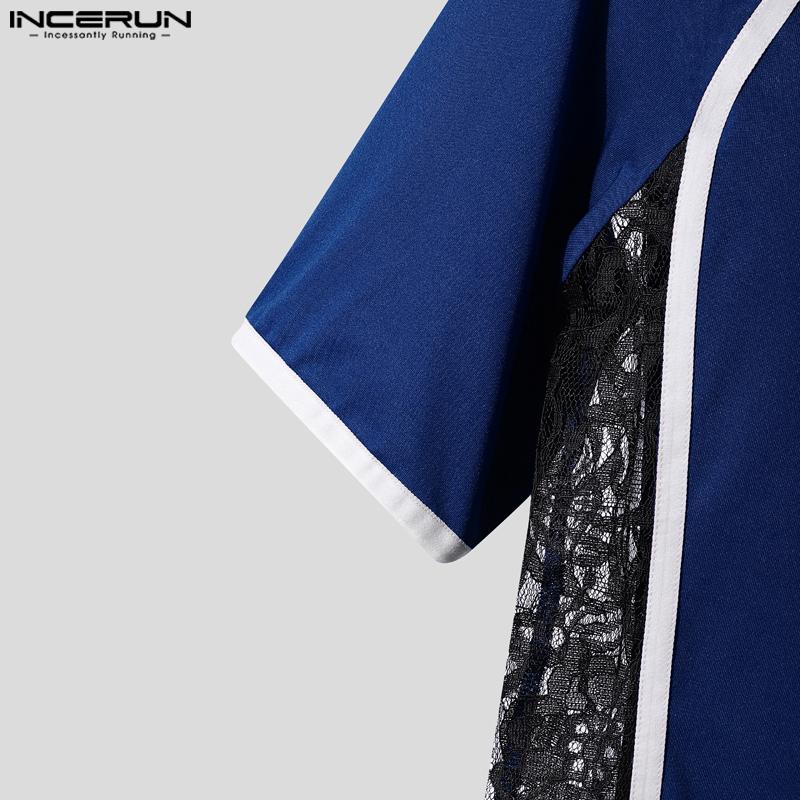 INCERUN Men's Short Sleeve Side Lace Patchwork Jumpsuits Fitted Playsuits Home Wear