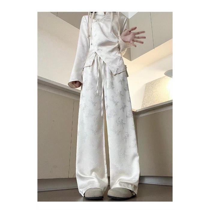 Chinese National Style 2024 Women s Wide-Leg Jacquard High-Waisted Satin Pants 3XL абрикосовый