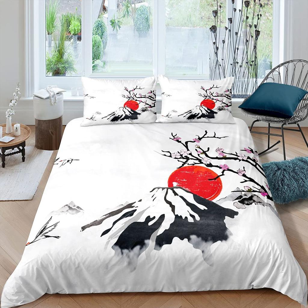 Japanischer Stil Weiche Bettbezug-Set für Mädchen Polyester Berg Fuji Warme Deckenbezug Kirschblüten Blume Tinte Hplus Gemalt Bequemer Bettdeckenbezug
