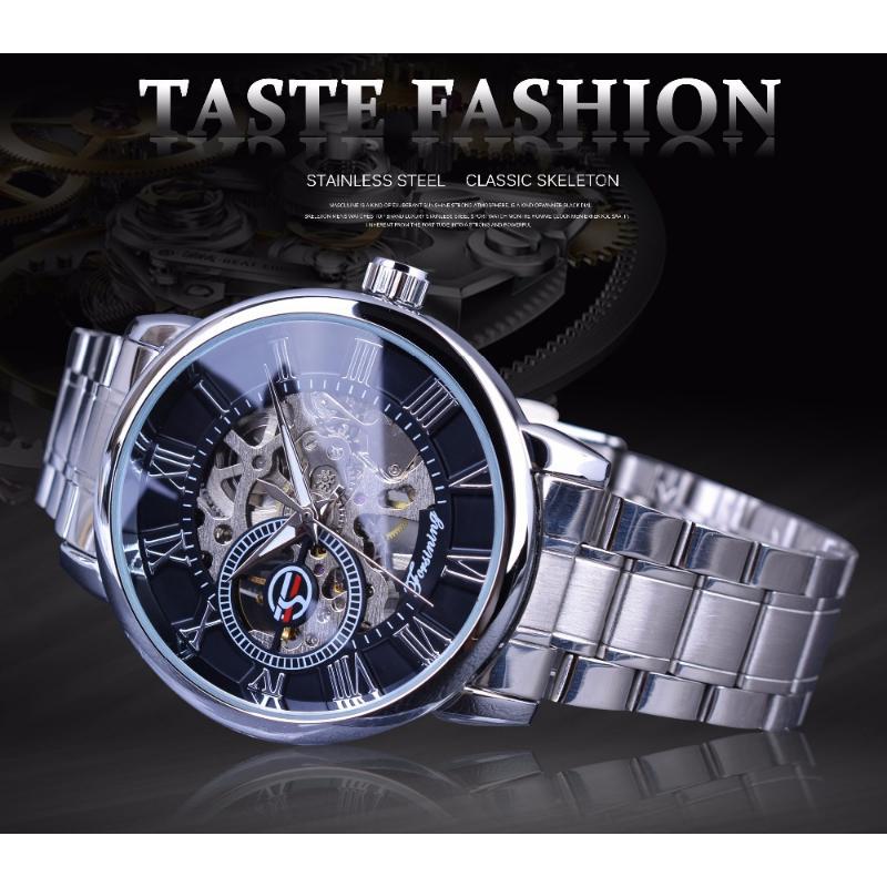 Forsining Montres, montres pour hommes, montres dorées décontractées à la mode, montres mécaniques squelettées avec bracelet en acier