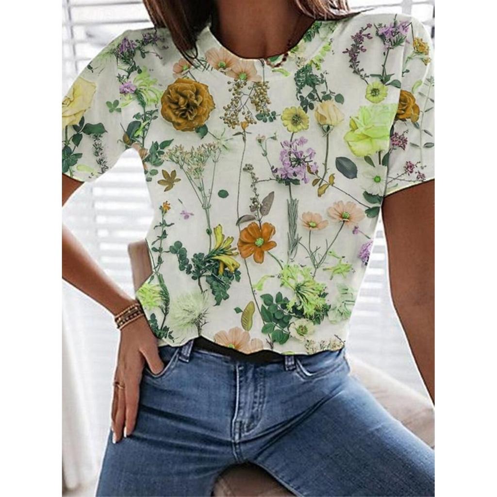 Summer Women's T Shirt Tee 3d Print Flower Casual Daily Short Sleeve Tops Fashion Round Neck T Shirts for Women Floral Graphics