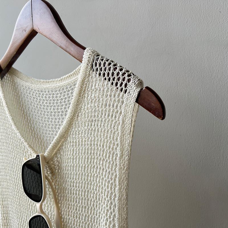 Outward Hollow Top Vest Skirt Women's Summer Slit Sleeveless Dress Mid Length Knitted Top