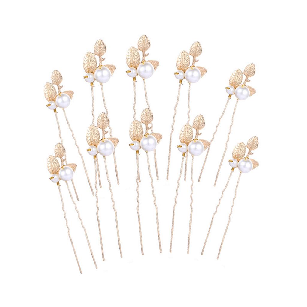 Girls Pearl U Shape Hairpin Gold/Silver Leaf Non-slip Alloy Hairpin Headwear for Festival Wedding Party Head Decor