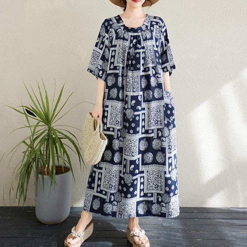 Manga corta Tallas grandes vintage floral nuevo en vestidos para mujer vestido largo suelto casual de verano