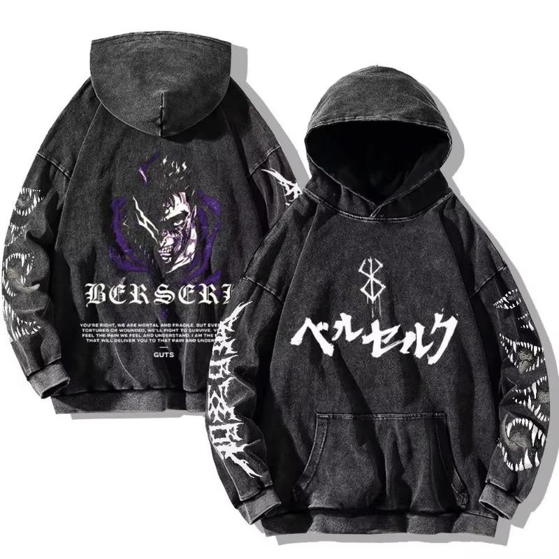 Berserk Anime Guts Cool Graphic Hoodies Vintage Washed Oversized Hooded Sweatshirt Long Sleeves Hoodie Men Women Clothes