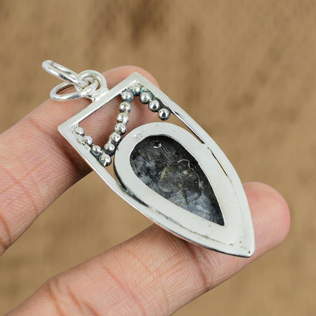 925 Sterling Silver Black Fossil Coral Stone Root Chakra Trendy Pendant Jewelry