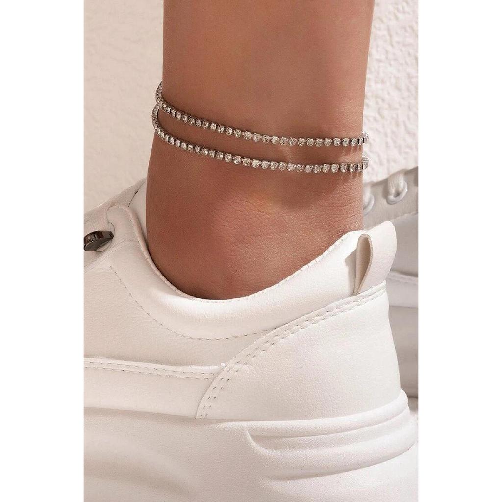 Silver Crystal Stony Anklet Set
