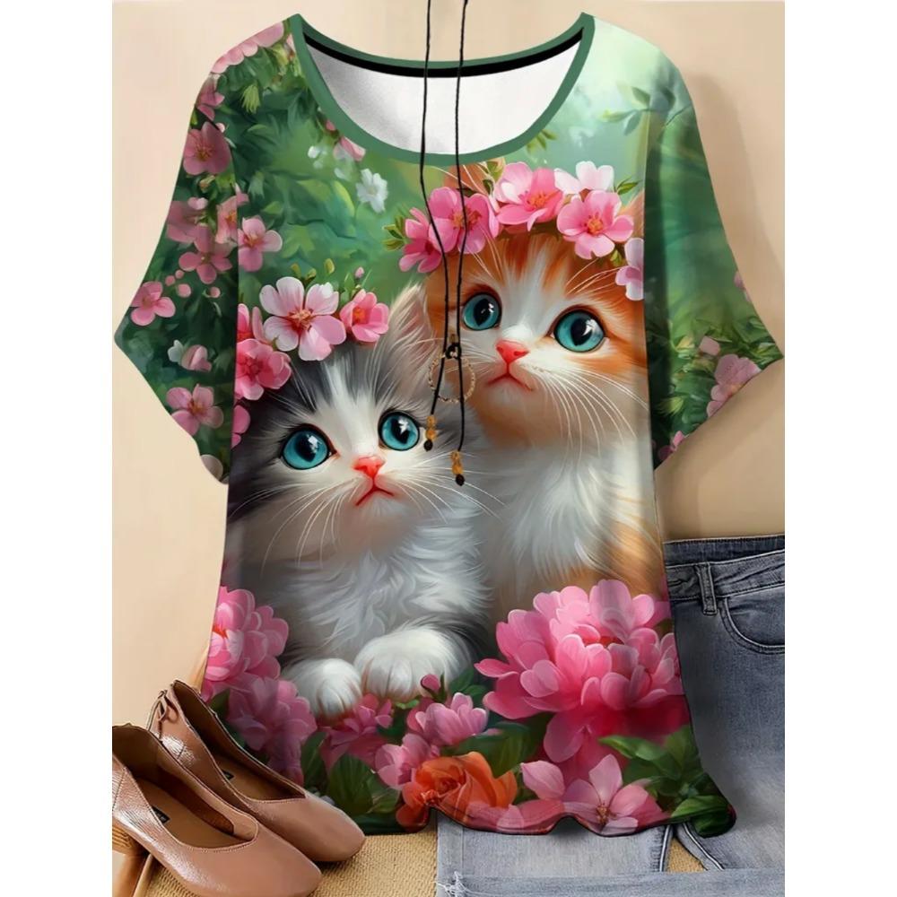 Ladies Fashionable Comfortable Printed Animal T-shirt Interesting Animal Cat Patterns Loose Breathable Large Size Short Sleeved T-shirt