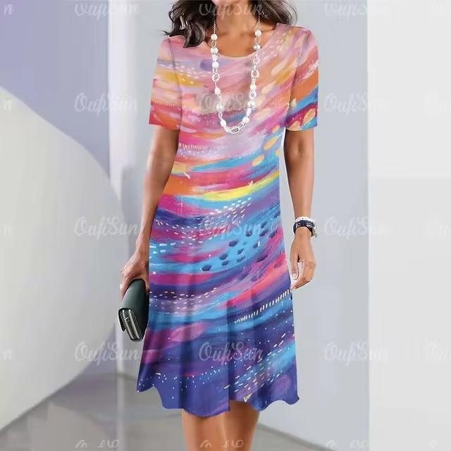 Women Vintage Short Sleeve 3d Print Midi Dress Comfortable Beach Dresses