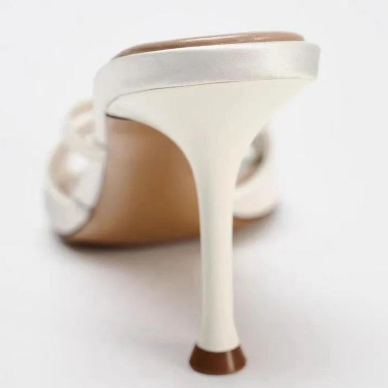 Fashion Luxury String Bead Brand Designer Slippers Women High Quality Satin Narrow Band Slide Sandals Elegant Open-toe Party Dress Shoes