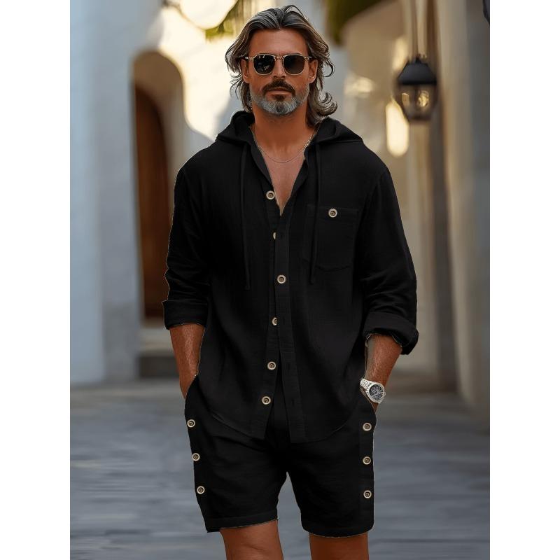 Conjunto de Camisa de Lino con Capucha y Botones de Color Sólido para Hombre y Pantalones Cortos de Verano