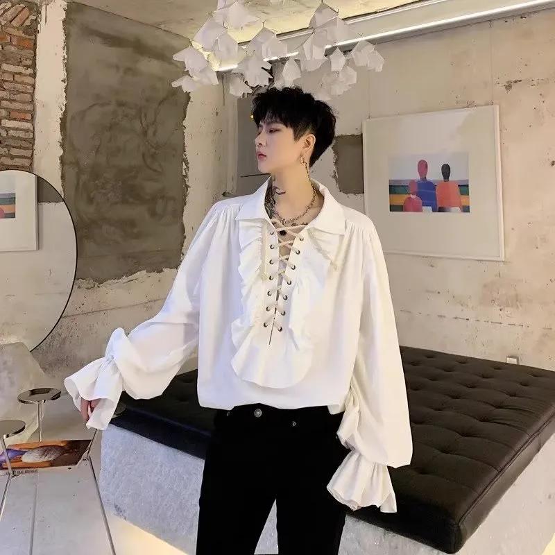 Victorian Womens Gothic Men Style Blouse Vintage Renaissance Pirate Prince Poet Shirt With Frills Laceup Medieval Buccaneer Top