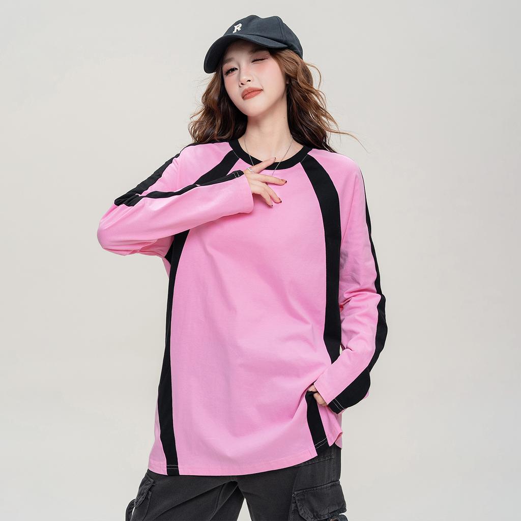 Sweet and cool style contrasting long-sleeved T-shirt for women