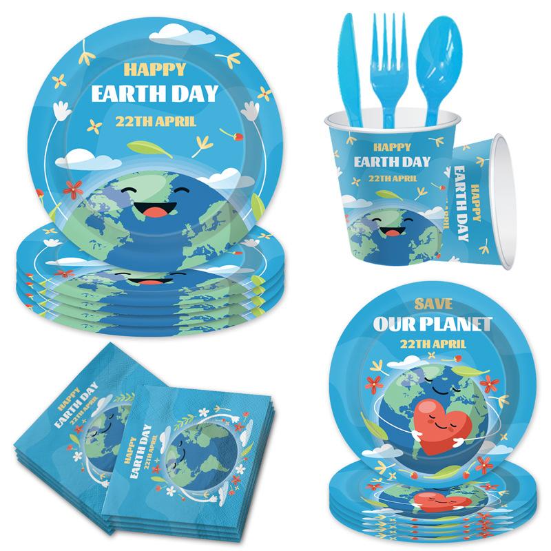 Earth Day Theme Birthday Party Decoration Disposable Paper Plate Paper Cup Paper Towel Tableware Tablecloth Set