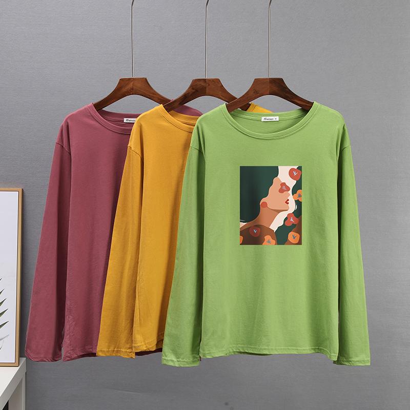 Tricou din bumbac cu mânecă lungă de primăvară Hirsionsan Tricou cu imprimeu estetică abstractă cu figurine pentru femeie pentru petrecere a timpului liber cu gâtul în formă de topuri simple