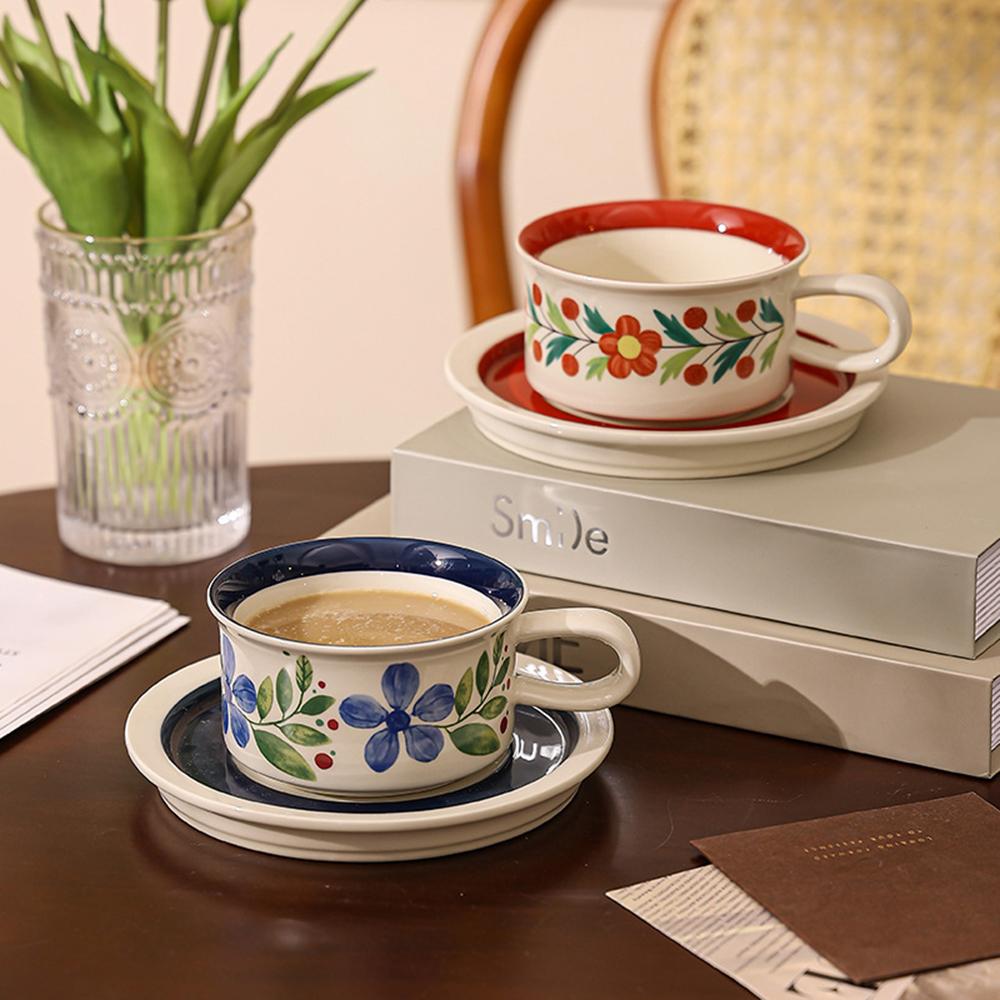 Vintage Pattern Ceramic Cup Saucer Set Floral Print Coffee Mug Colorful Drinkware Retro Style Unique Design for Home Tableware