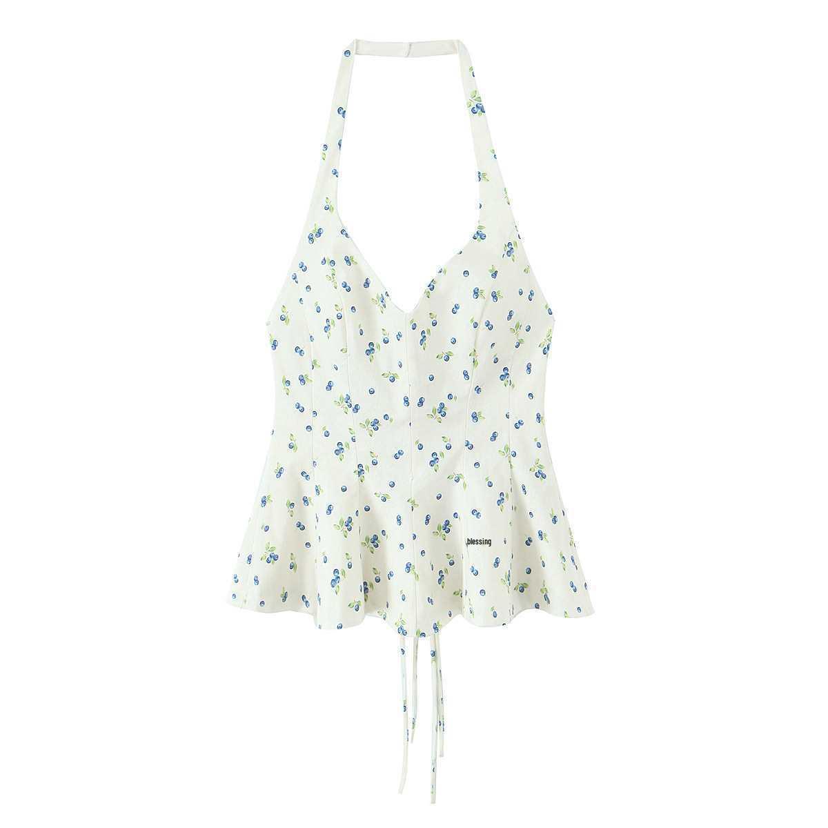 Women s Floral Poplin Halter Neck Summer Top - New Style for Europe & America Medium