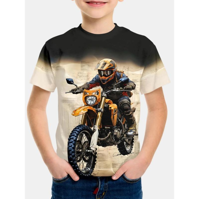 Summer Round Neck 3D Printed Motorcycle Rider Pattern Top Fashionable Casual Short Sleeved Children's Boy T-shirts