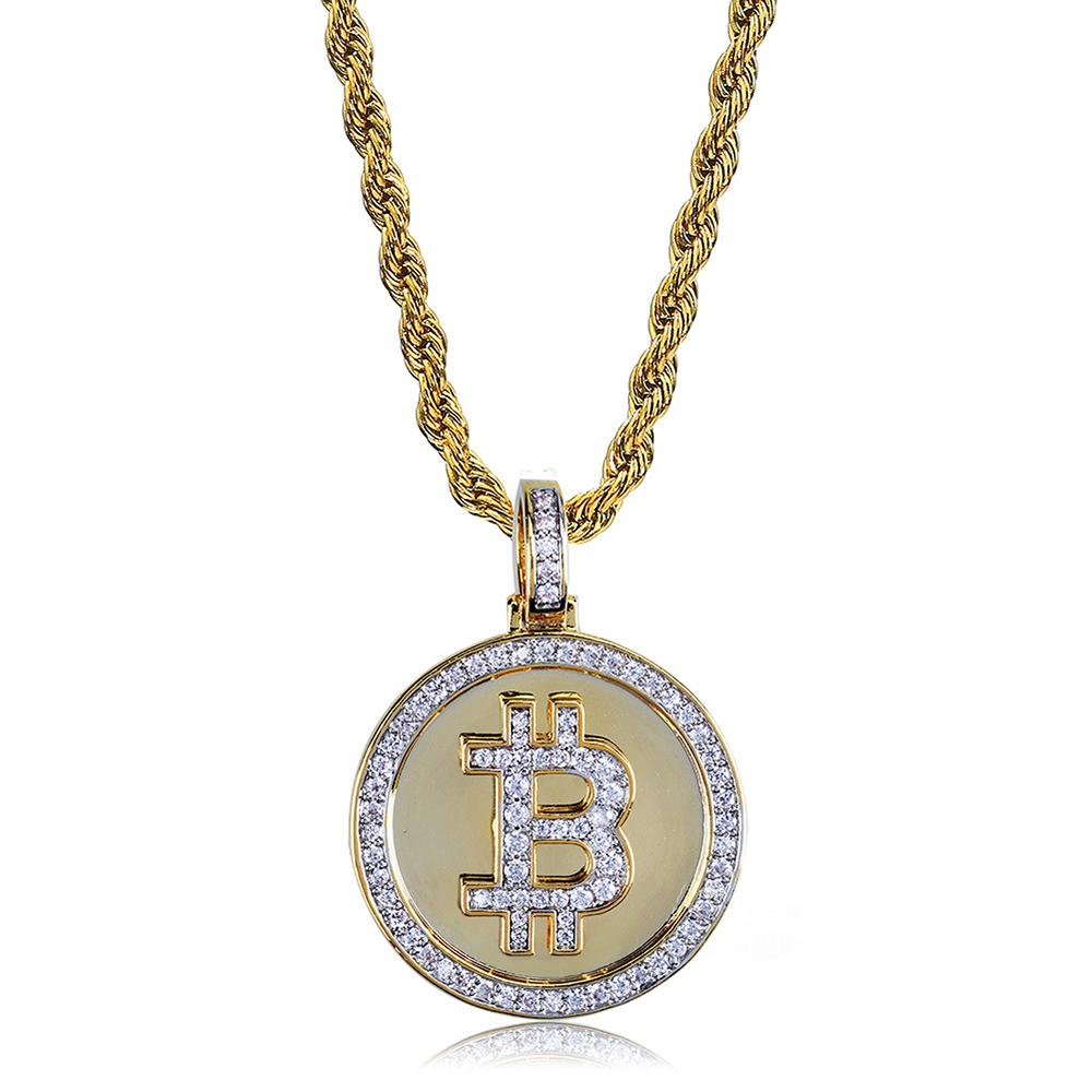 

Bitcoin Pendant Necklace For Men Women Hip Hop Rock Rap Bling Iced Out AAA+ Cubic Zirconia Trendy Cool Gold Color Jewelry Gifts