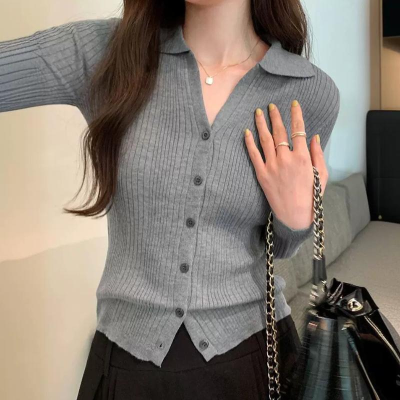 

Корейская версия воротника поло основа длинный рукав вязаный свитер для женщин весна Slim Fit универсальный кардиган топ L серый