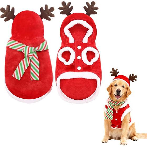 Pet Hoodie Christmas Outfit - Warm Puppy Costume with Hat, Funny Holiday Cosplay Pet Clothes for Small Medium Dogs & Cats (Size S: