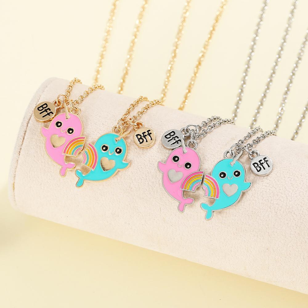 2Pcs/Set Cartoon BFF Round Charm Rainbow Dolphin Design Best Friends Necklace For Girls Frienship Gift