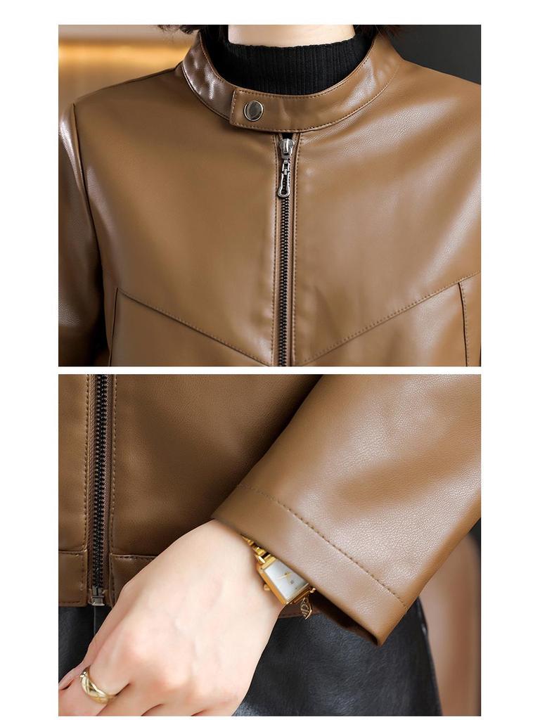 Stylish Women's PU Leather Stand-Collar Jacket, 2025 Plus Size Slimming Biker Style for Spring/Autumn.
