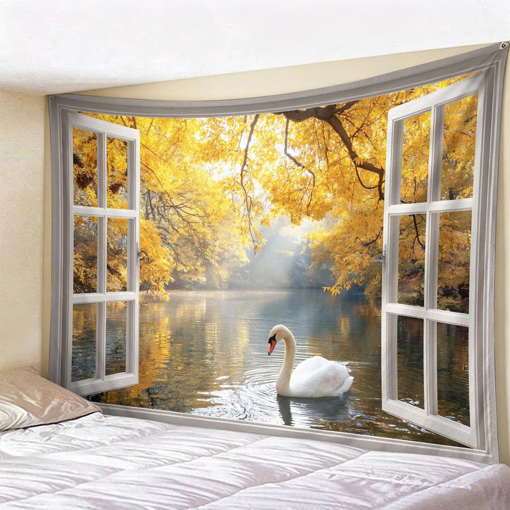 Window View Tapestry Wall Hanging, Scenic Nature Landscape Backdrop, Artificial Window Wall Decor for Bedroom Living Room