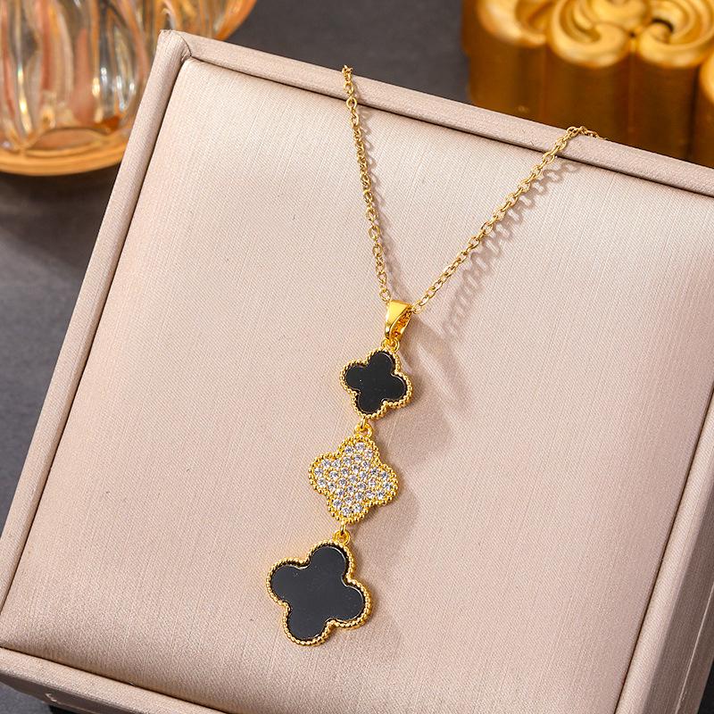 Elegant Gold-Plated Chinese-Style Four-Leaf Clover Necklace with Imitation Hetian Jade Pendant for Women