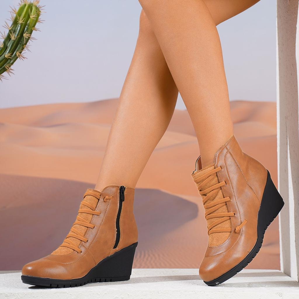 Damen Retro Plateau Keilabsatz Stiefeletten Herbst Winter Kreuzriemen Freizeitschuhe Frau Übergröße PU Leder High Heel Stiefel