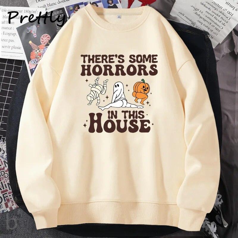

Funny Halloween Sweatshirt Women There s Some Horrors in The House Ghost Hoodie Pumkin Retro Spooky Season Crewneck Swatshirt Unisex