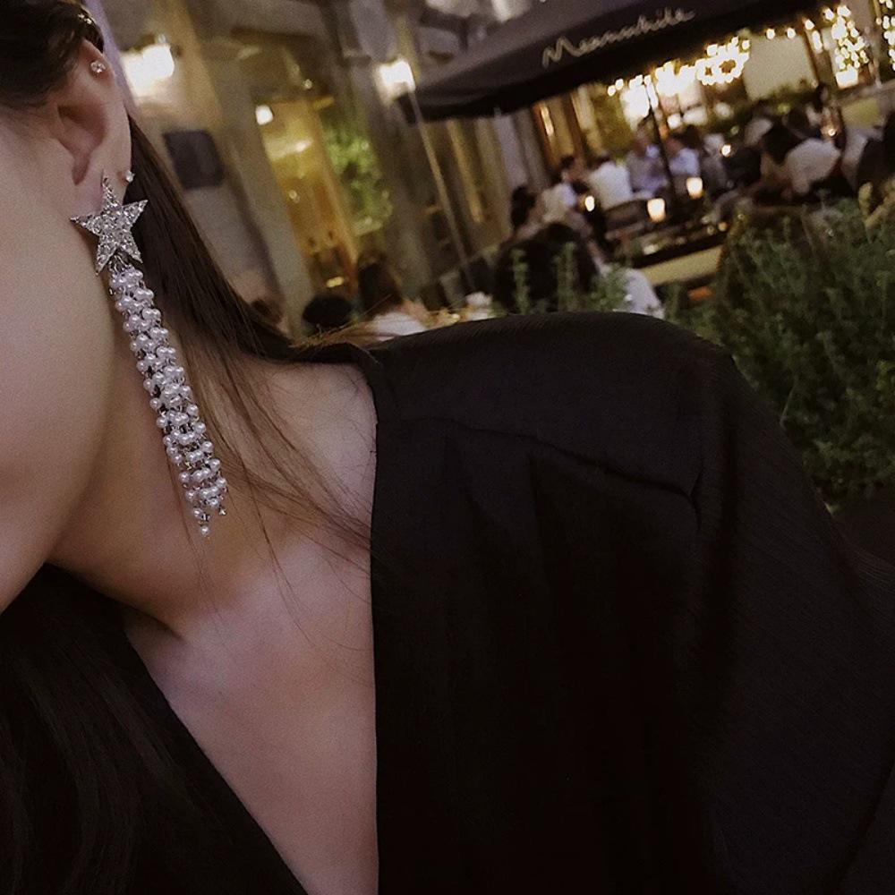 Elegant Five-Pointed Star Tassel Earrings In 925 Silver - Shiny Japanese Korean Fashion Style