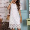 2026 Summer Women's Solid Color Lace A-Line Dress, Short Sleeve, Round Neck