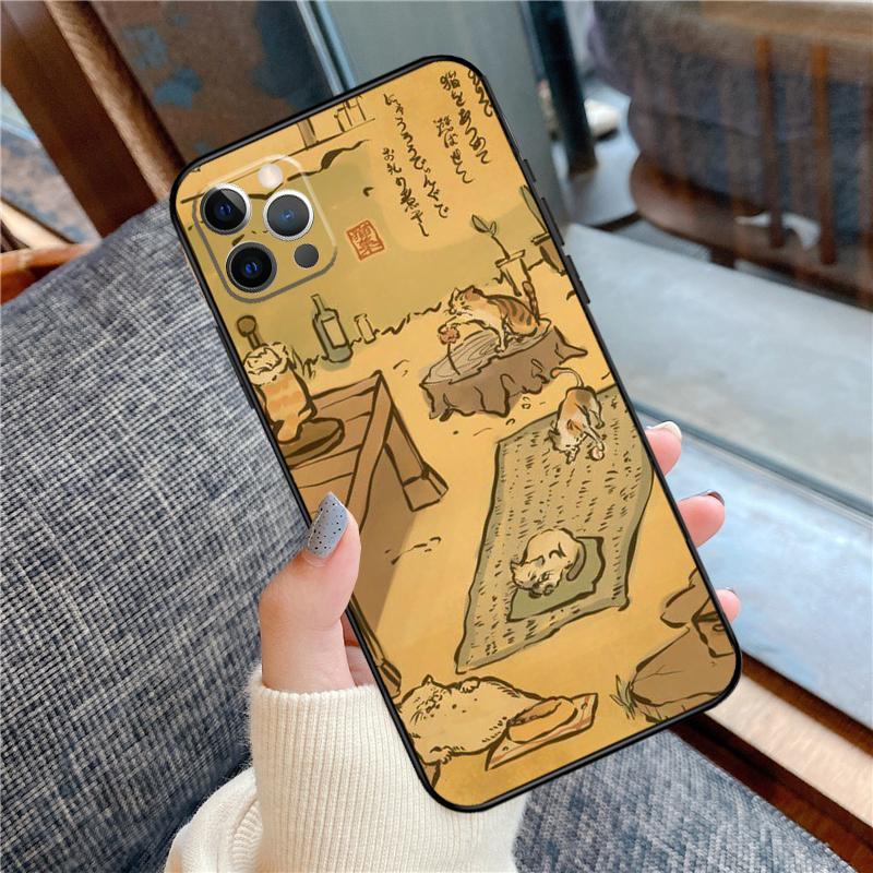 Japanese Cat Drink Pattern Case For iPhone 14 Plus 11 12 13 15 16 Pro Max Mini Plus XR X XS Max Back Cover
