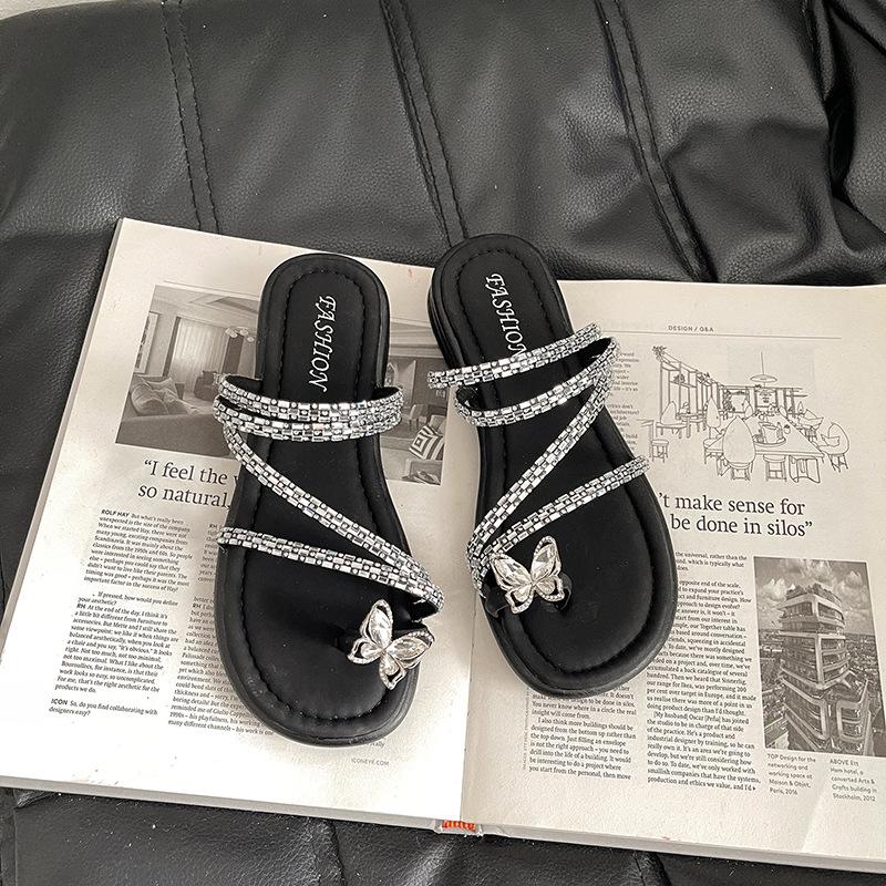 Versatile Temperament Slippers Women's Summer 2025 New Fashion High-end Butterfly Sandals Rhinestone Open-toe Drag