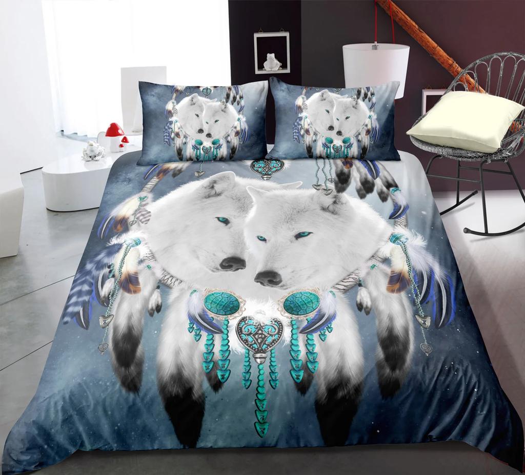 Bedclothes 2021 Indian Ann Wolf Bedding Kid Full Queen King Bed Bedlinen Bohemian Feathers Bedding Set Dreamcatcher Bedding Sets