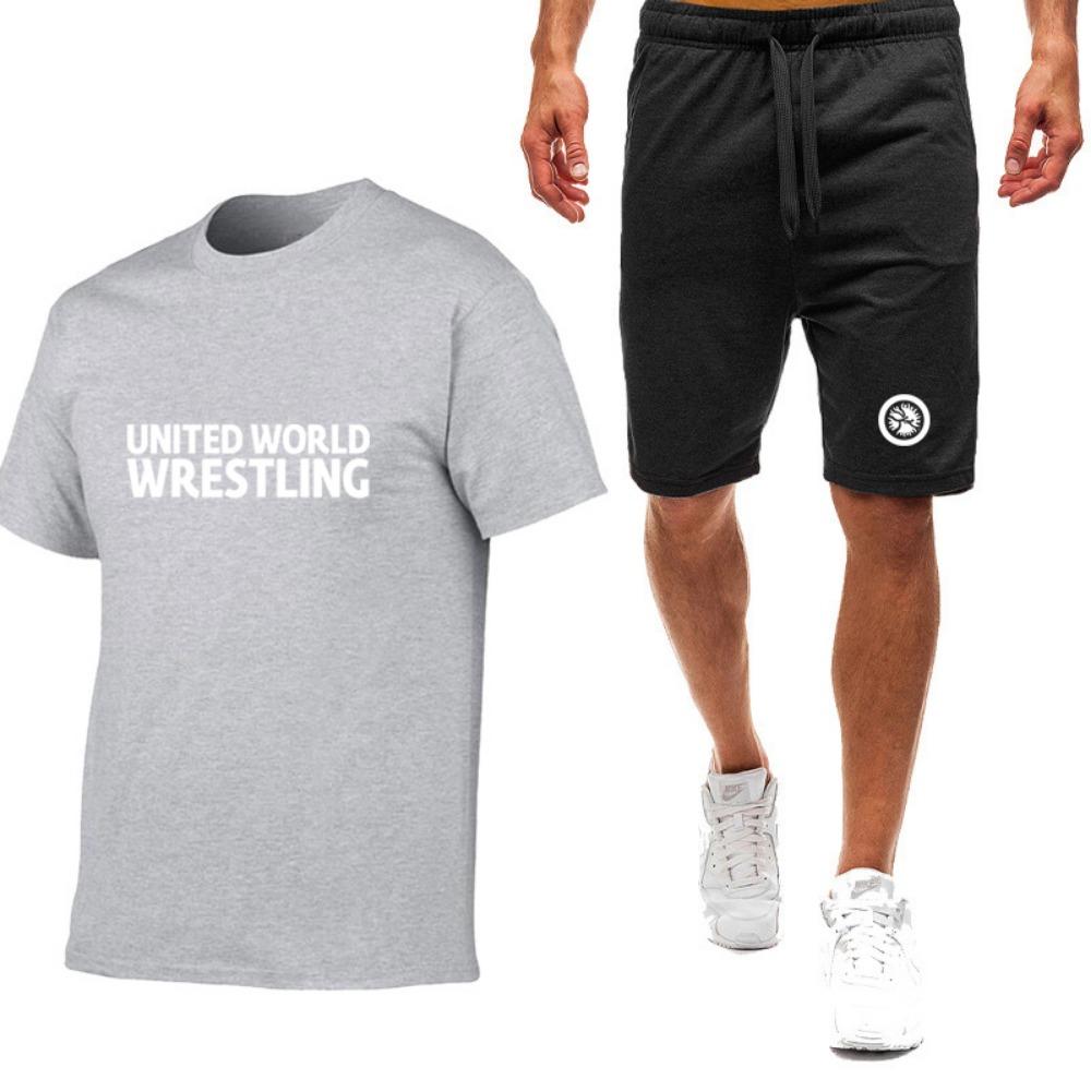 Summer Men's World Wrestling Federation Logo Printed Solid Color Daily Multi Functional Comfortable T-shirt Pants Sports Set