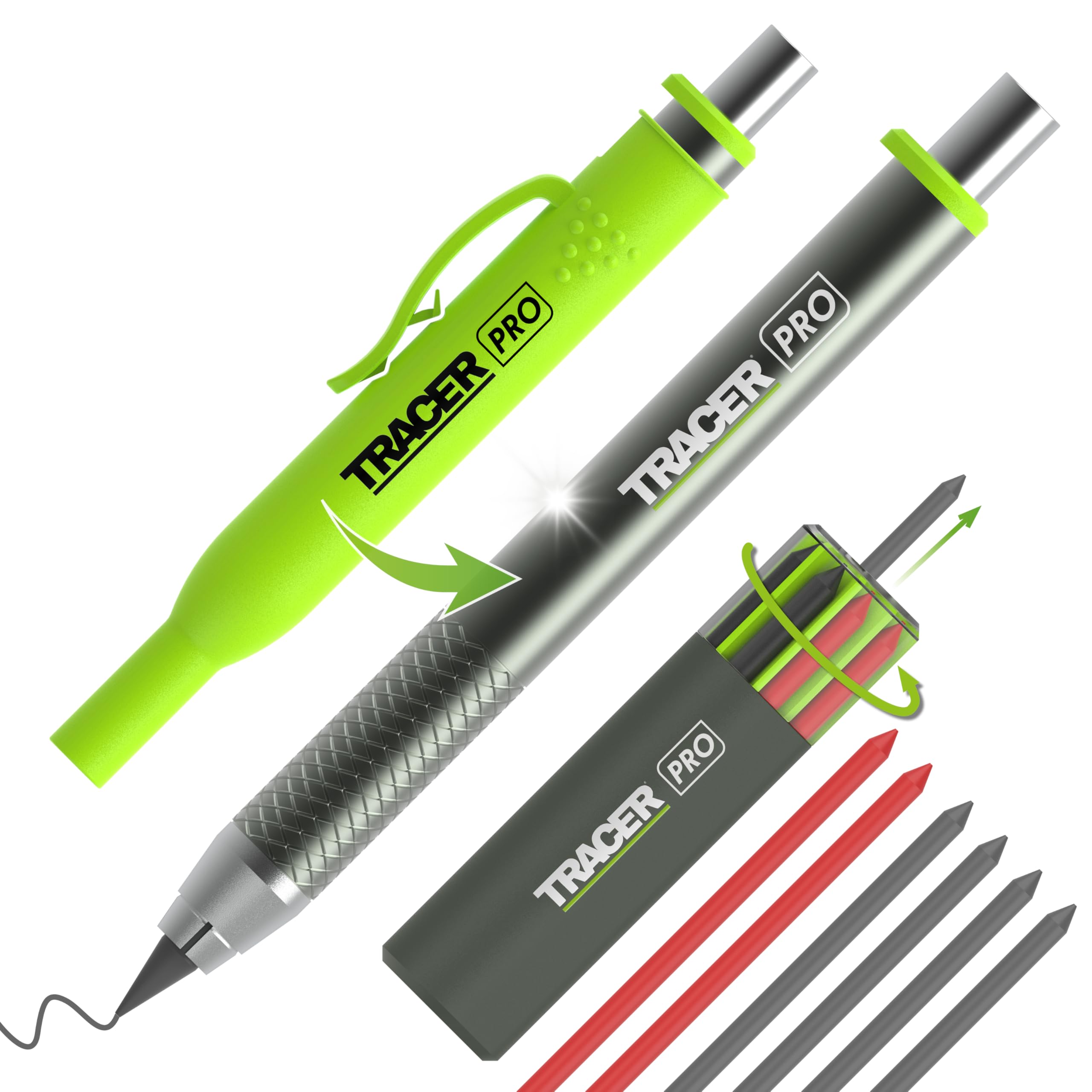 

Tracer Pro Series Tough Metal Construction Pencil All-in-One Aluminum Marking Kit 6 Lead Packs Sight Holster