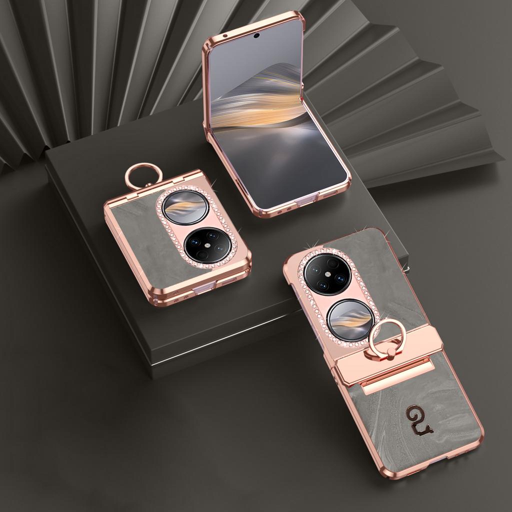 For Huawei Pocket 2 Case Ring Holder Rhinestone Decor PU Leather PC Folding Phone Cover